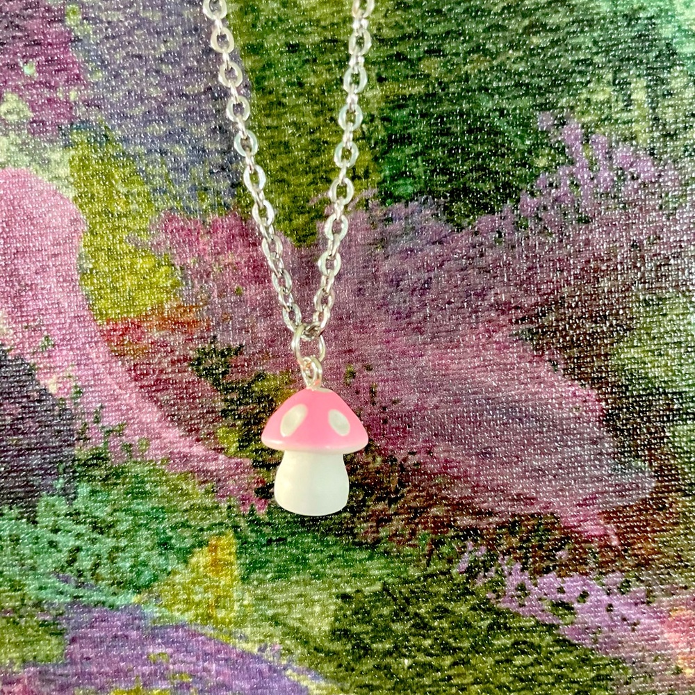Pink Mushroom Silver Necklace